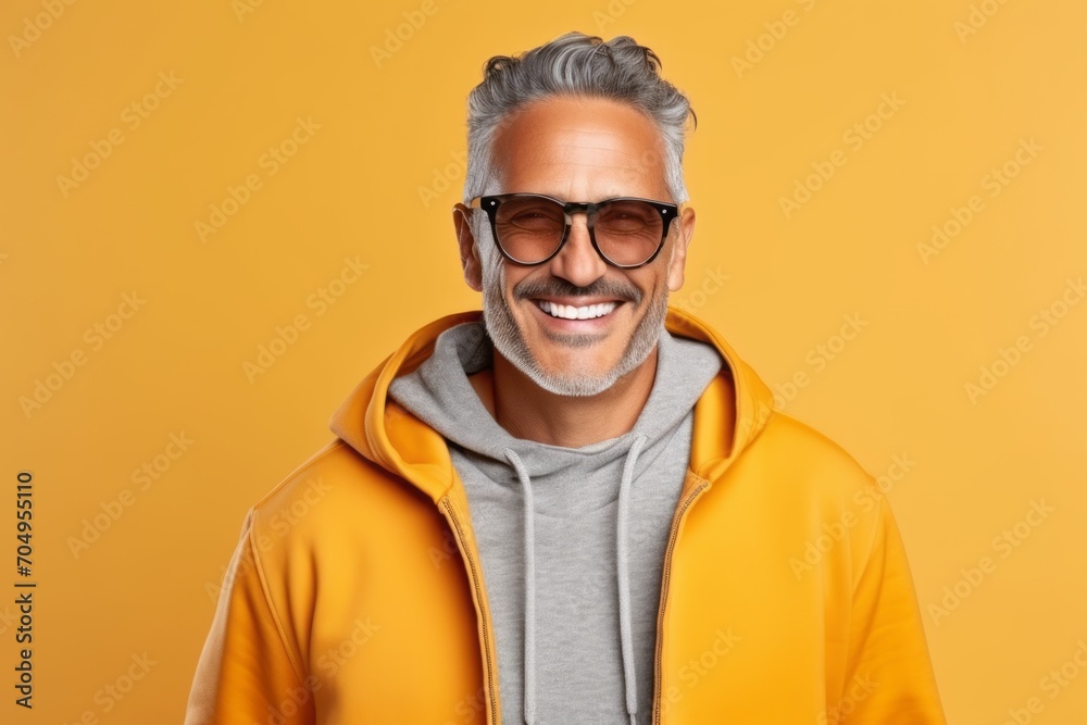 Portrait of happy middle-aged man in sunglasses and hoodie, isolated on yellow background Portrait of happy middle-aged man in sunglasses and hoodie, isolated on yellow background