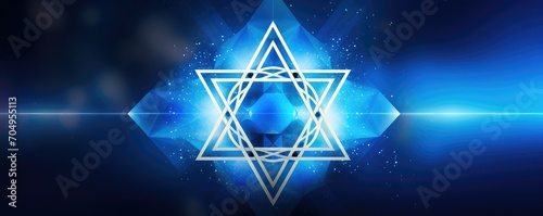 Decorative bright glowing Jewish religion symbol Magen David star on blue bokeh blurred background. Rosh Hashanah, Jewish New Year holiday or Hannukah greeting card with lights and Jewish star