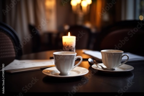  a close up of a cup of coffee on a table with a cup of coffee on the side of the table.
