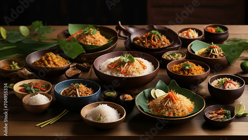 Rice Thai dishes on a wooden table. From curries to stir-fries, capture the delicious harmony from a side view