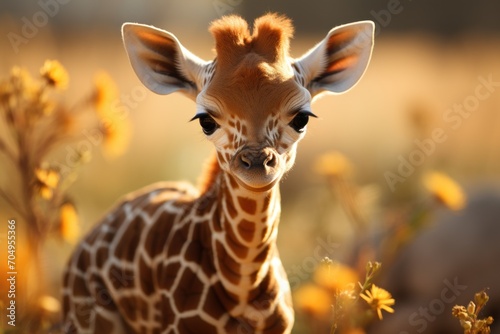  a giraffe standing on top of a field next to a field of grass and a giraffe standing on top of a field. © Shanti