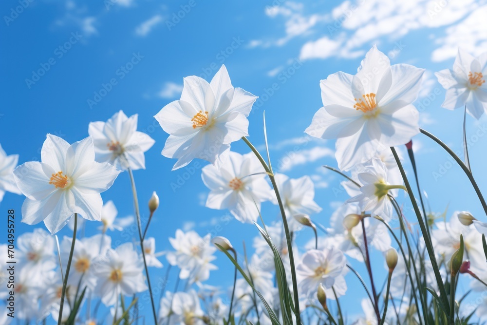 a close up of a bunch of flowers with a sky in the background and a blue sky in the background. a close up of a bunch of flowers with a sky in the background and a blue sky in the background.