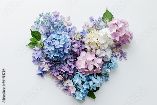 Hydrangeas Laid Out In Heart Shape On White Background Top View