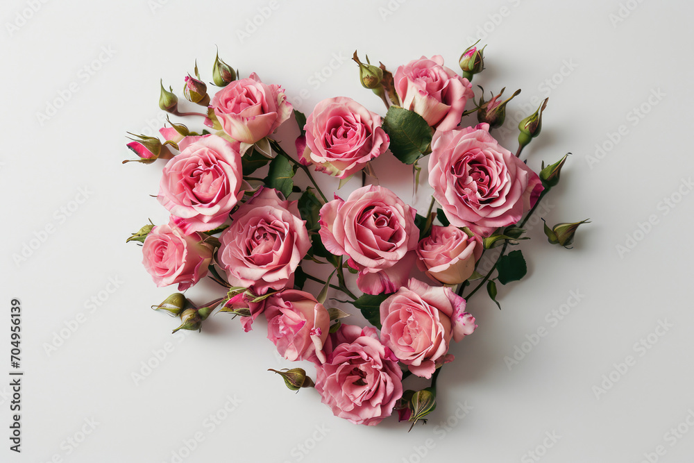 Pink Roses Laid Out In Heart Shape On White Background Top View