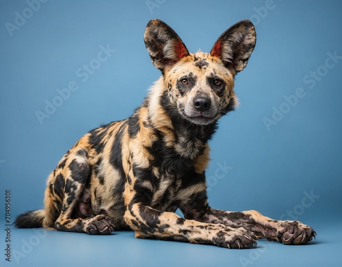 African wild dog. Isolated on blue pastel background © GEMES
