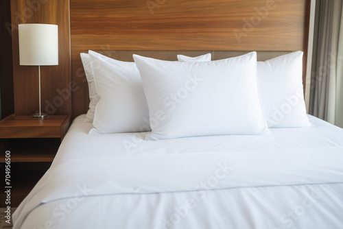 beautiful bed in a hotel room with white pillows