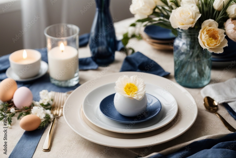 Easter table setting . Easter eggs,  decor , vase with flowers.  White, dark blue colors . 