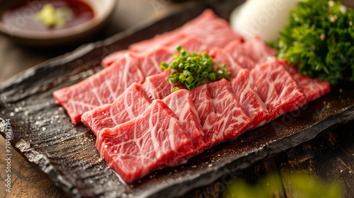 Sliced wagyu marbled beef for yakiniku on plate on black background, Premium Japanese meat. AI Generative photo