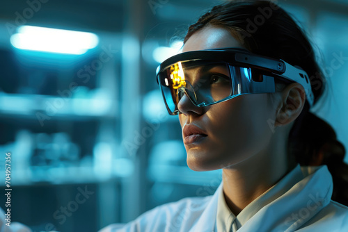 Female Neuroscientist Wearing Smart Glasses: Vision Of Modern Research