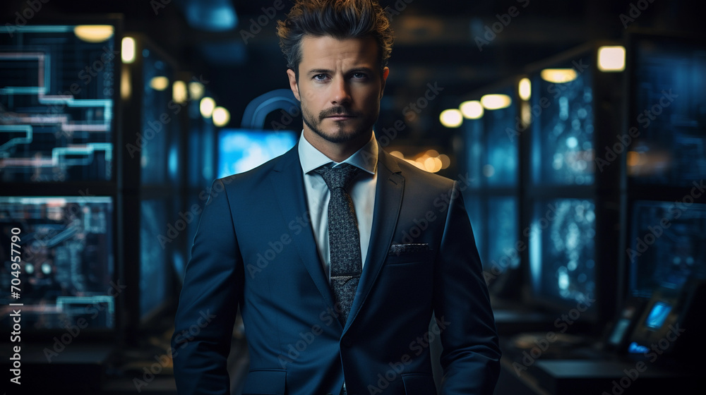 Portrait of a cyber data security specialist on an abstract technology background Portrait of a cyber data security specialist on an abstract technology background