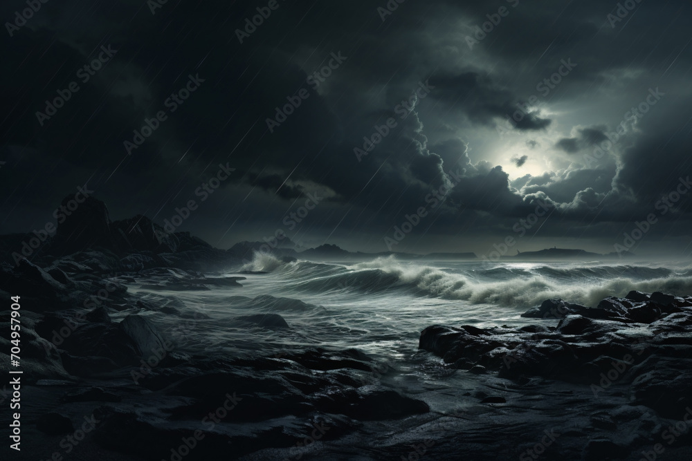 .Stormy Ocean at Night. High Waves and Heavy Rain