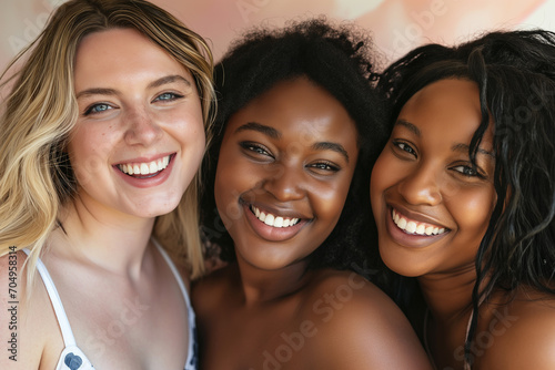 portrait of three smiling plump women of different nationalities in swimsuits, body positivity concept photo