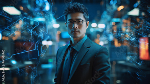 Portrait of a cyber data security specialist on an abstract technology background