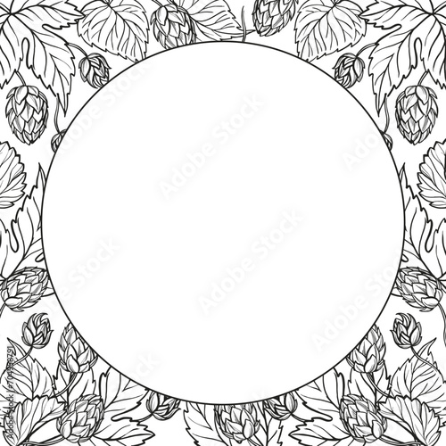 Hand drawn vector circle frame with hop plant, leaves and buds, craft beer ingredients, black and white illustration of branch humulus lupulus, inked illustration isolated on white background
