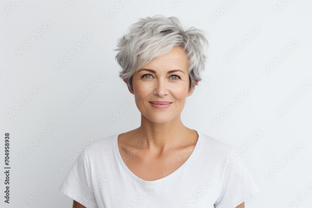 Portrait of smiling middle-aged woman with grey hair and white t-shirt