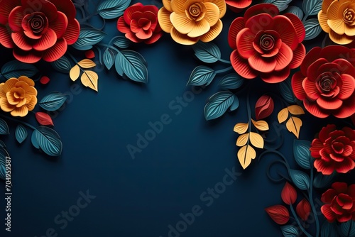 Floral frame on dark blue background. Colorful paper spring flowers and leaves wallpaper. Bright greeting card design for holiday, Mothers day, Easter, Valentine day. Papercraft, quilling photo
