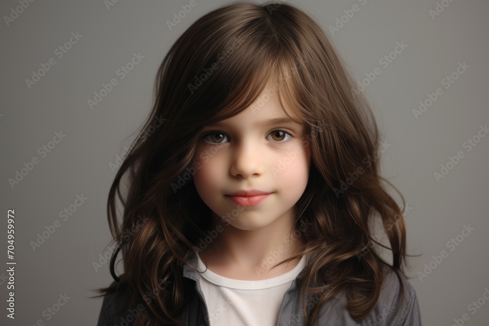 Portrait of a cute little girl with long hair on a gray background Portrait of a cute little girl with long hair on a gray background
