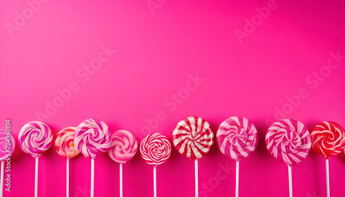 pink and white colorful candy lollipops ined on the low side of a pink background HD photo