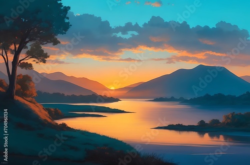 A tranquil peaceful countryside setting with a sunrise view