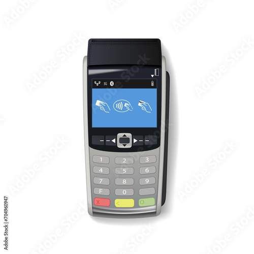 Payment terminal mockup. Pos terminal with blank screen. Credit card terminal isolated on white background. Cash register. Credit card machine. illustration