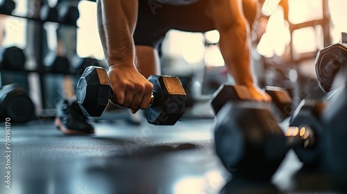 A sportsman lifts dumbbells in the gym