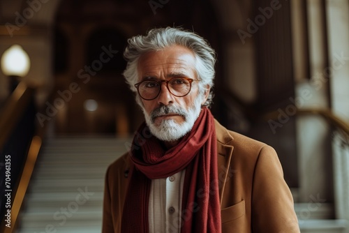 Portrait of senior man with eyeglasses and red scarf in the old city.
