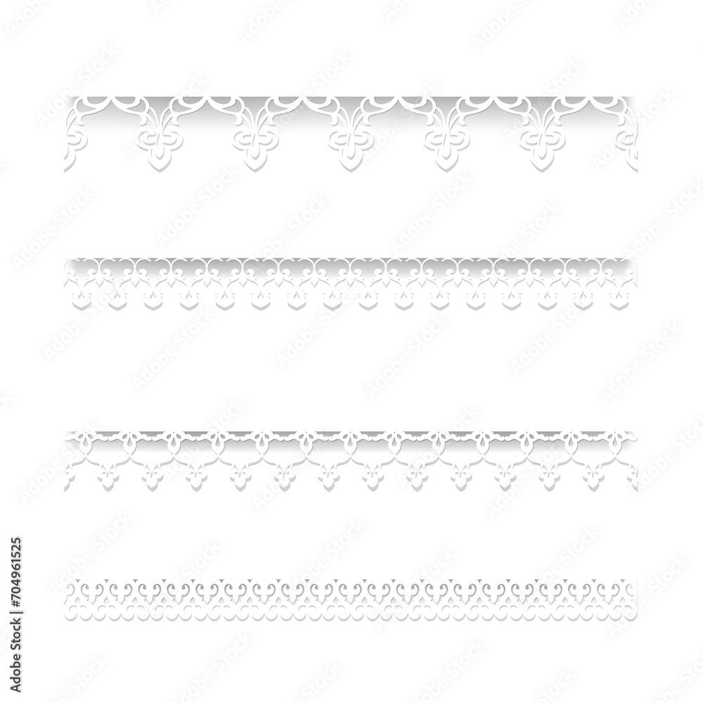 Set of white seamless lace borders with shadows, ornamental paper lines, - obrazy, fototapety, plakaty 