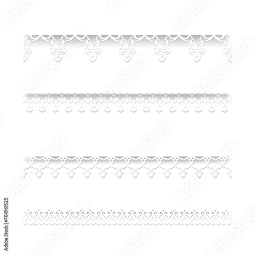 Set of white seamless lace borders with shadows, ornamental paper lines,