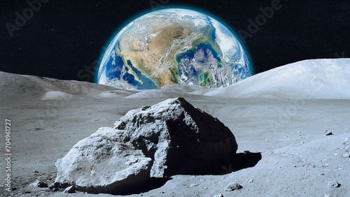 View from the Moon on Earth in outer space. Moon and Earth. Elements of this image furnished by NASA.