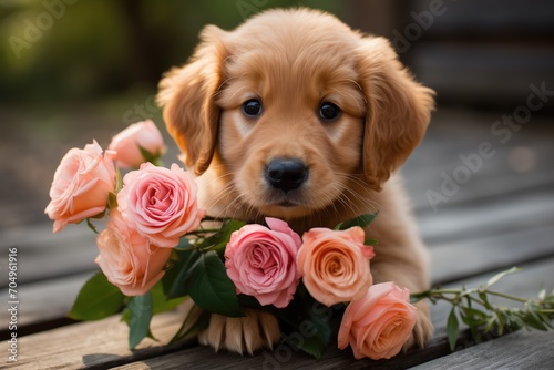 A cute lover valentine puppy dog with flowers love card concept #704961916