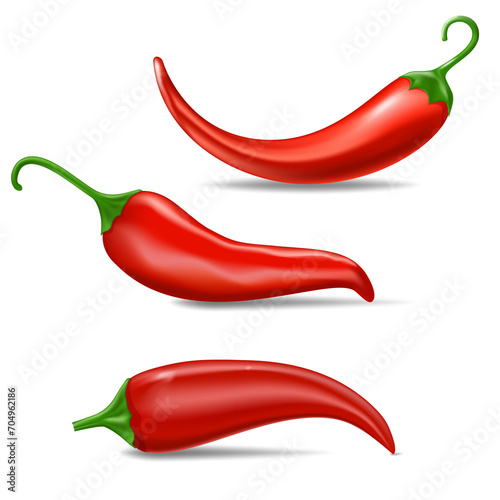 realistic Fresh red hot chili pepper. Kitchen organic spicy taste chili mexican pepper set of three peppers isolated on white photo