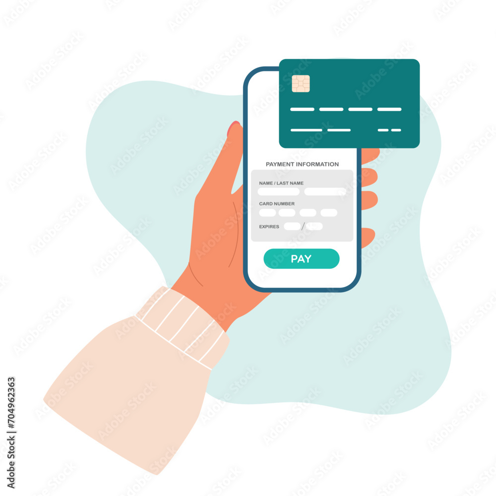Online shopping via credit or debit card. Female hand holds smartphone with card information payment. Vector. Online shopping via credit or debit card. Female hand holds smartphone with card information payment. Vector.