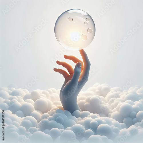 Hand touching a bubble through the clouds