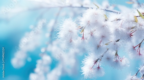 Beautiful white blooming fluffy willow branches on blue sky background. Floral spring background.
