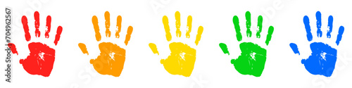 Multicolored prints of hands on a white background. Colored children's handprint. Bright handprints. Symbol of friendliness. Vector illustration EPS 10