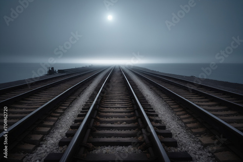 Train tracks going straight towards the horizon over a dark sea, foggy and dark atmosphere