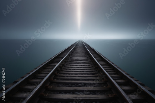 Train tracks going straight towards the horizon over a dark sea, foggy and dark atmosphere
