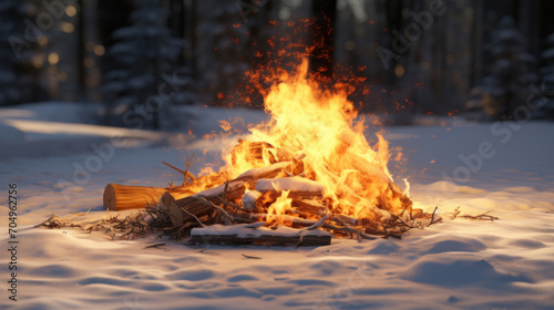 Bonfire in the winter forest. Fire in the winter forest.