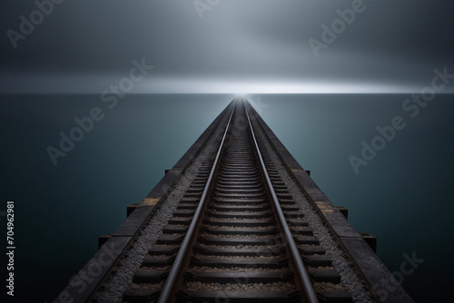 Train tracks going straight towards the horizon over a dark sea, foggy and dark atmosphere photo