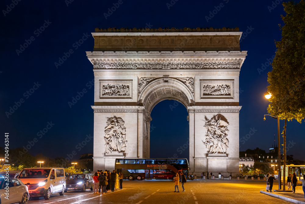 Paris, France - 20 May, 2023: view on the Arc de Triomphe at the night