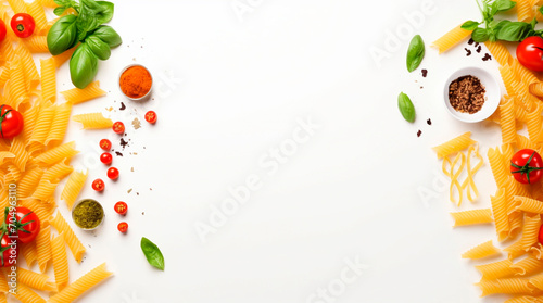 Composition with pasta and cooking ingredients on white background, top view
