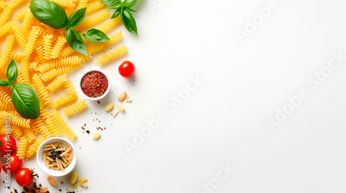 Composition with pasta and cooking ingredients on white background, top view