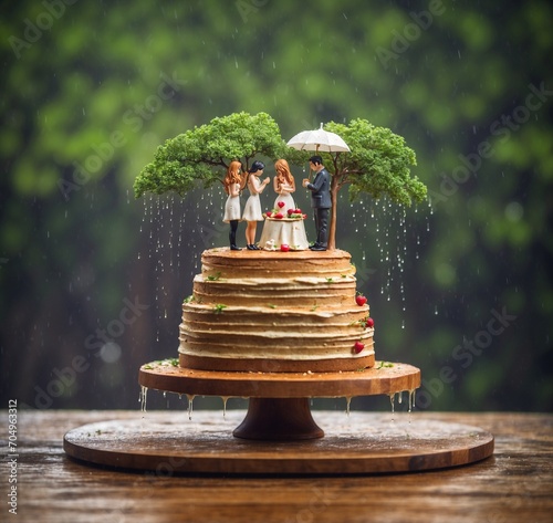 wedding cake with family and tree in the rain on a wooden table photo