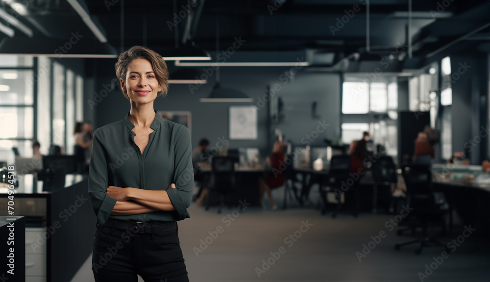 Female office employee in smart casual wear stands with her arms crossed in a dark black office, her smile and posture signaling a blend of friendliness and professionalism