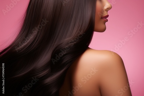 Fashion woman with shiny and straight brown long hair on pink background. Keratin straightening. Treatment, care and spa procedures. Beauty products, hair shampoo or conditioner