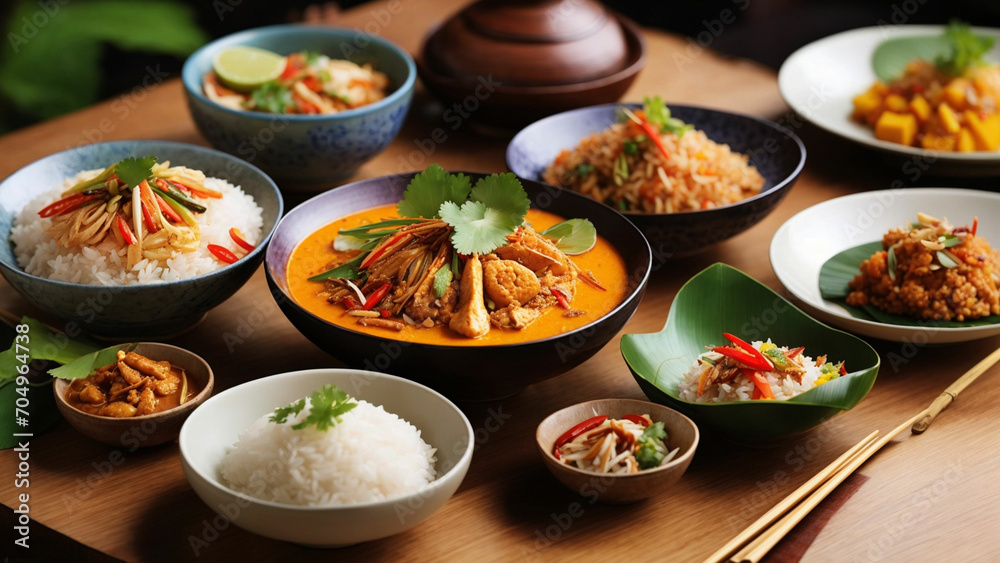 Rice Thai cuisine by arranging a tempting array of dishes on a wooden table, beautifully captured from the side from the spiciness of Tom Yum to the sweetness Rice Thai cuisine by arranging a tempting array of dishes on a wooden table, beautifully captured from the side from the spiciness of Tom Yum to the sweetness