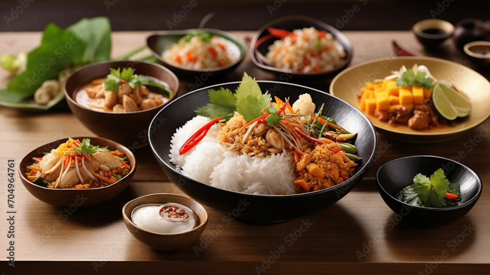 Rice Thai cuisine by arranging a tempting array of dishes on a wooden table, beautifully captured from the side from the spiciness of Tom Yum to the sweetness Rice Thai cuisine by arranging a tempting array of dishes on a wooden table, beautifully captured from the side from the spiciness of Tom Yum to the sweetness