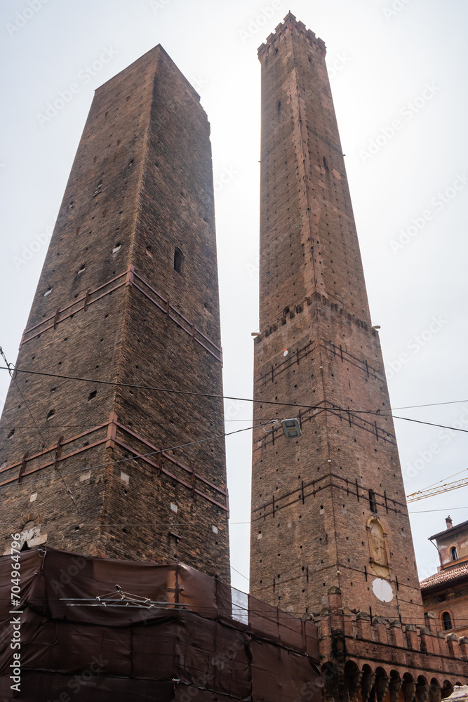 Perspective of the famous two towers of Bologna, the Garisenda and Asinelli, ITALY