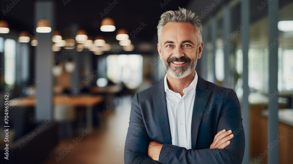 A mature man with silver hair and a charming smile stands confidently in a modern office, his arms crossed as he exudes leadership and experience. The wisdom and authority of seasoned professionals A mature man with silver hair and a charming smile stands confidently in a modern office, his arms crossed as he exudes leadership and experience. The wisdom and authority of seasoned professionals