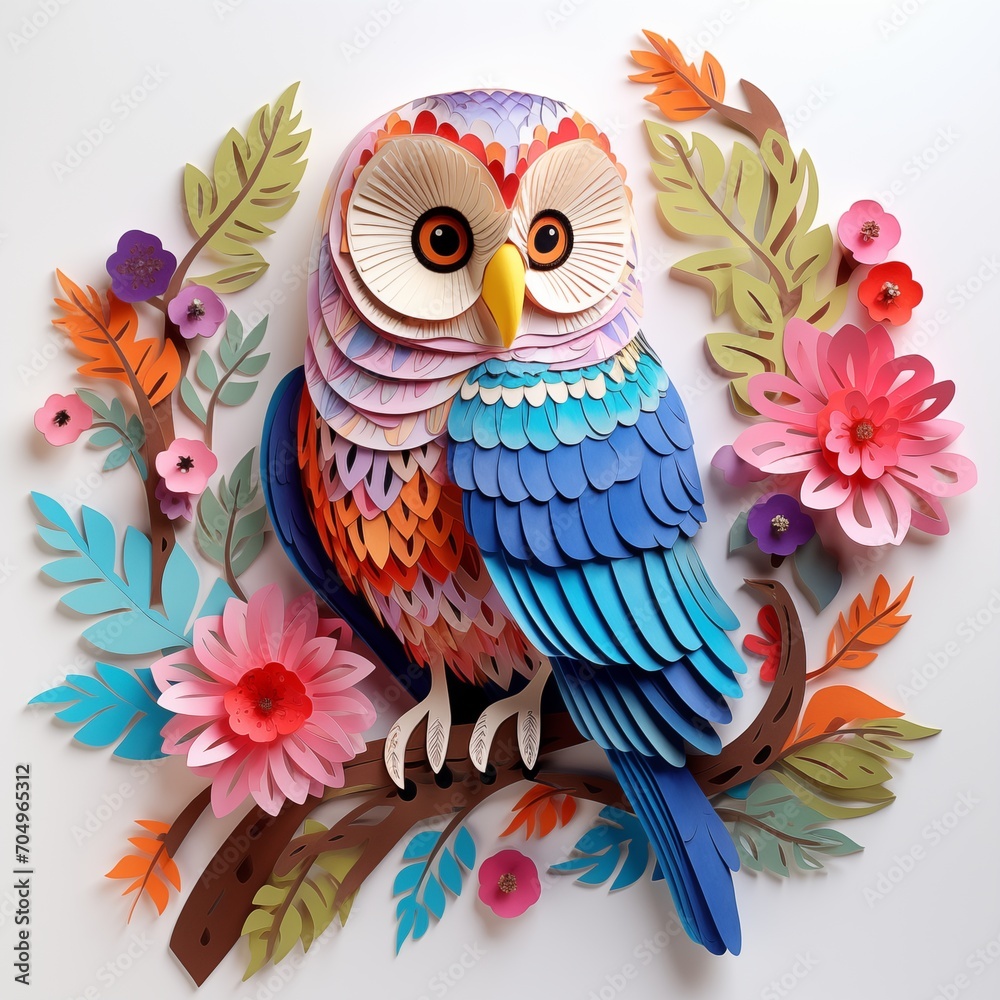 Vibrant kirigami owl, colorful owl in a flower and leaf 
  an Isolated White Background of kirigami style